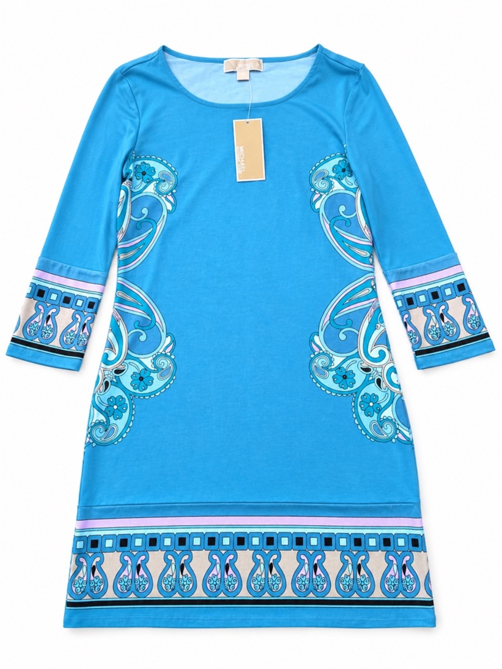 Michael Kors Turquoise & Aqua Patterned Long Sleeve Shift Dress